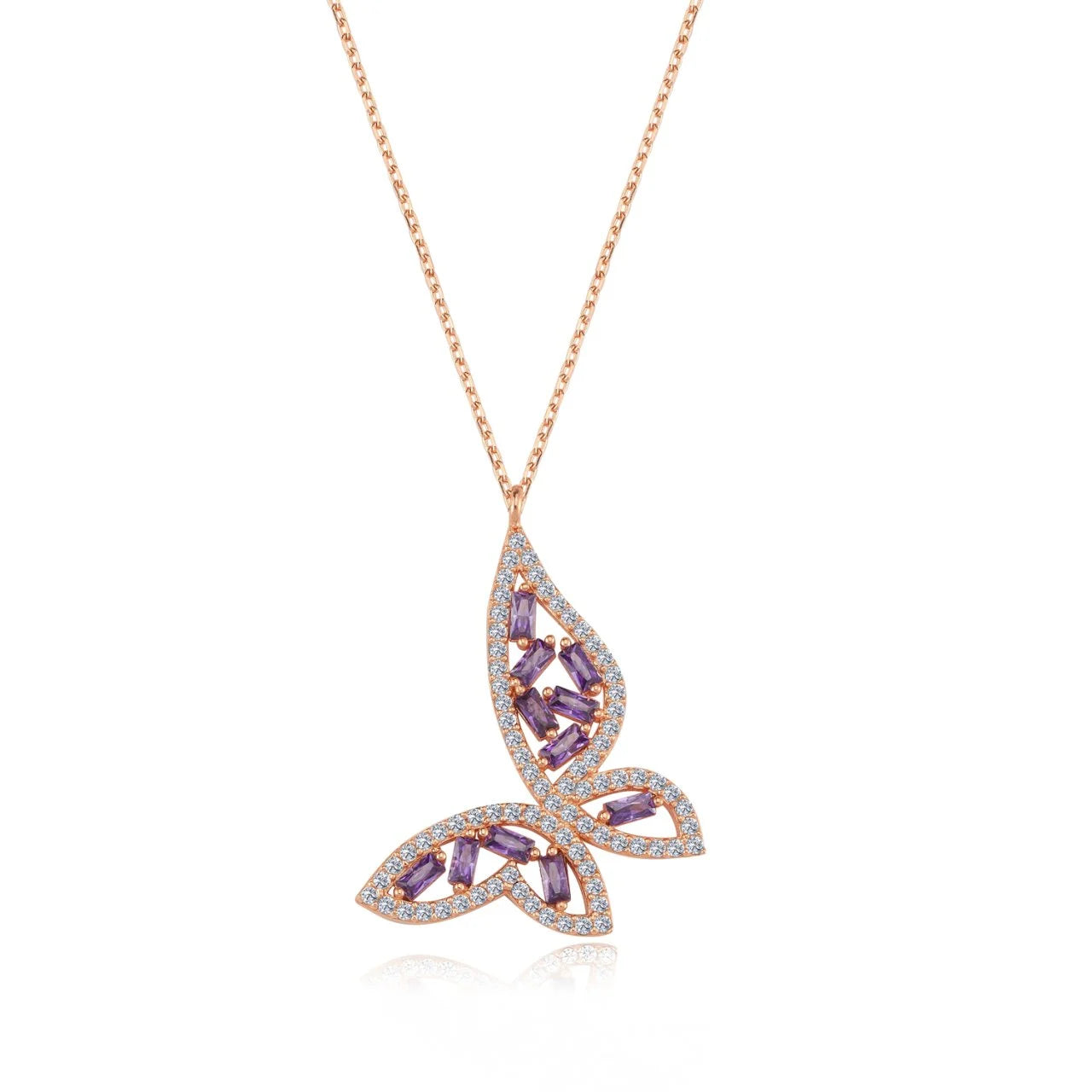 Butterfly Passion Silver Necklace with Amethyst Baguette Stone