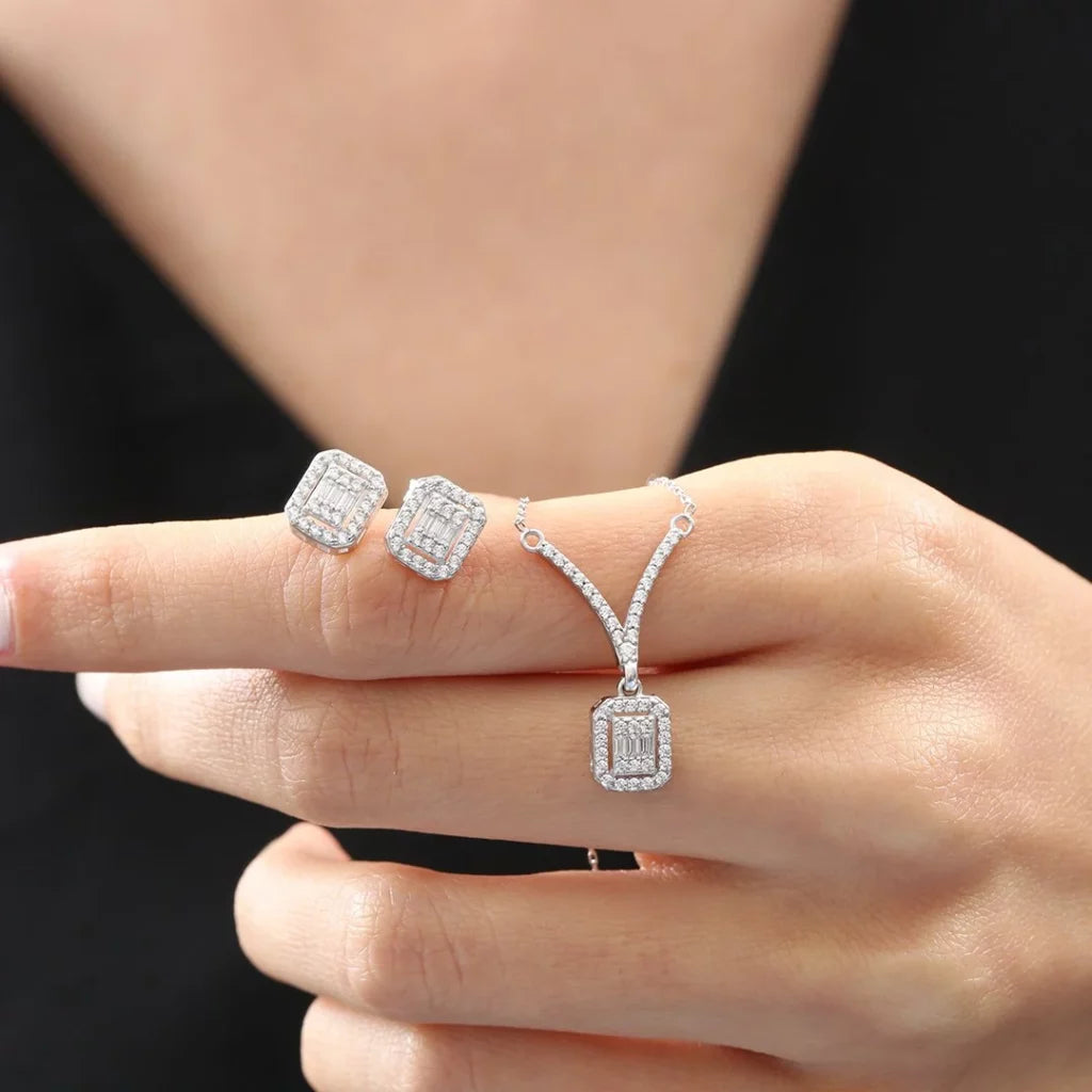 CZ Diamond Mounting Rectangular Form Elegance Seal Silver Mini Set