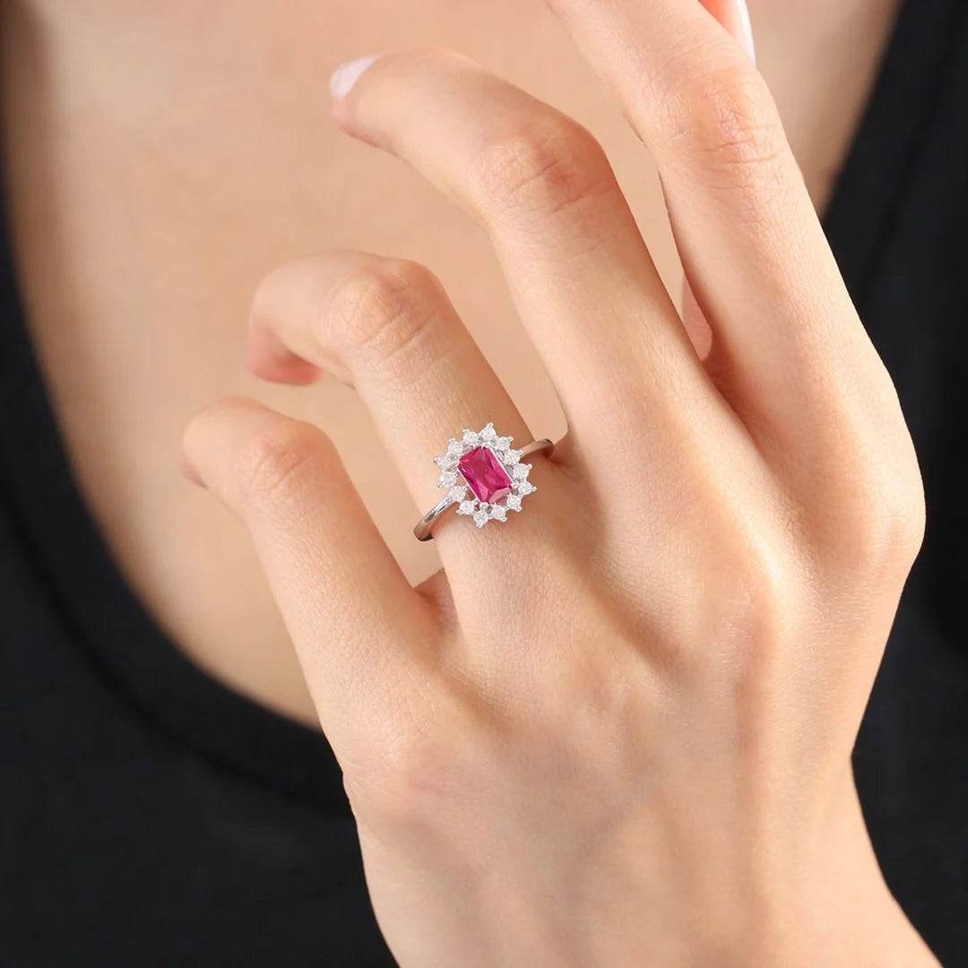 Elegance Sun Synthetic Ruby Silver Ring