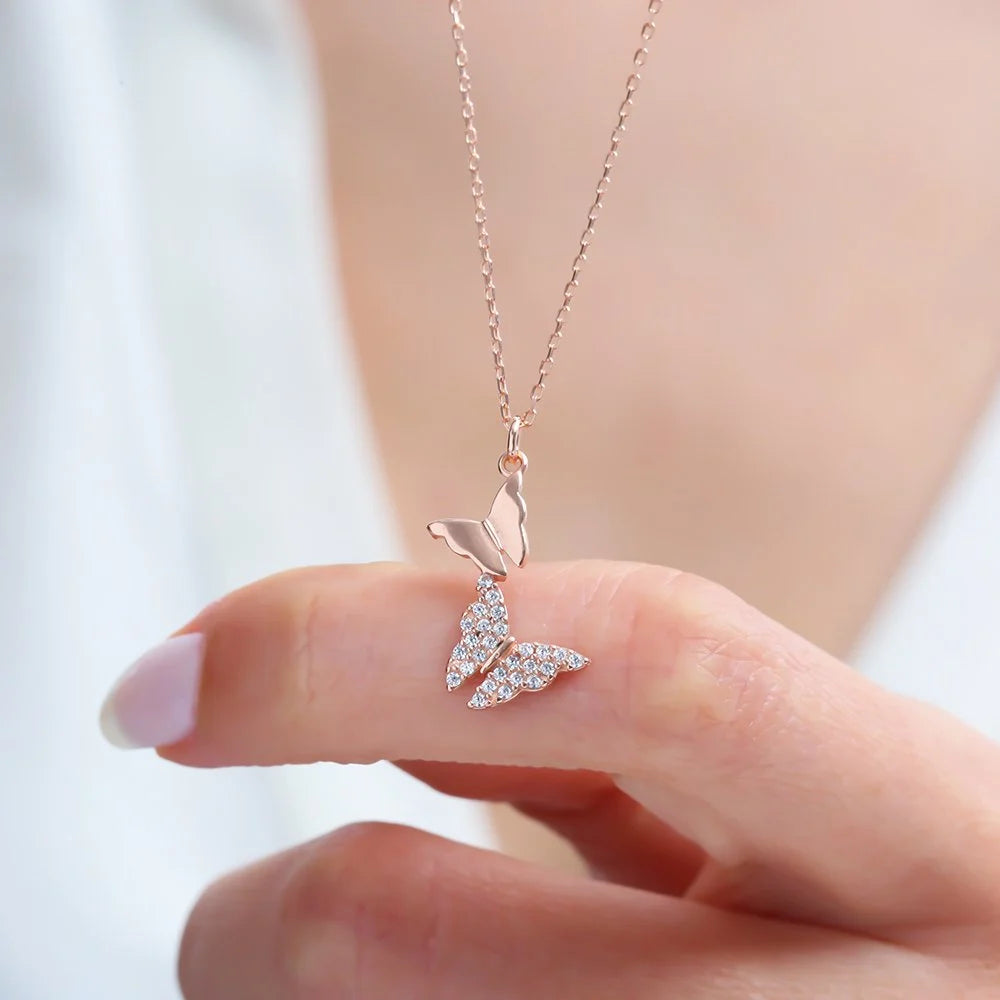 Sparkling Butterfly Rose Gold Plated Silver Necklace