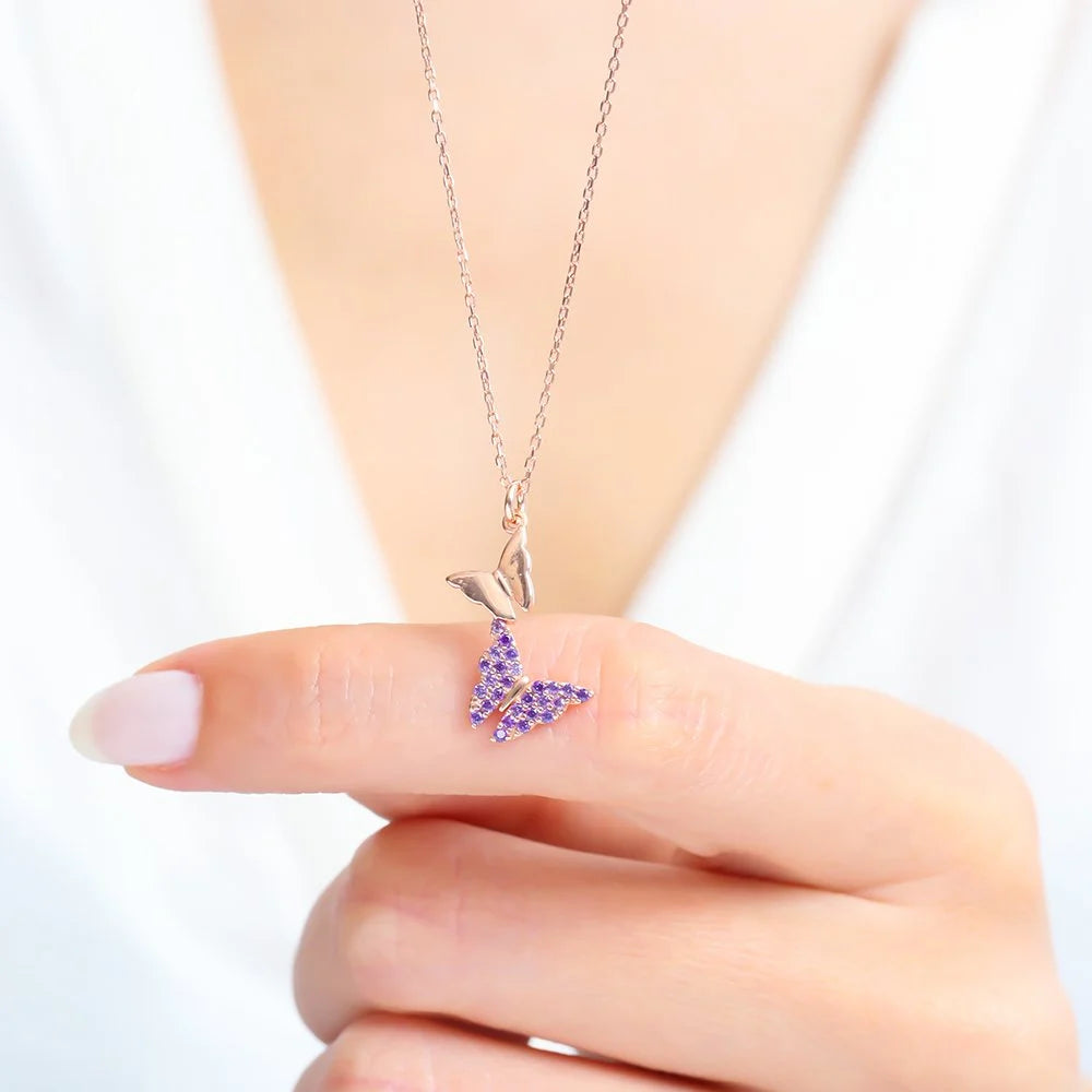 Amethyst Butterfly Rose Gold Plated Silver Necklace