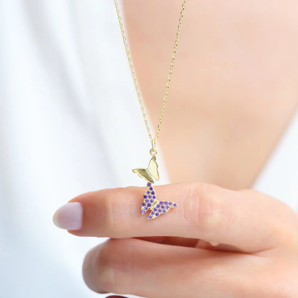 Amethyst Butterfly Gold Plated Silver Necklace