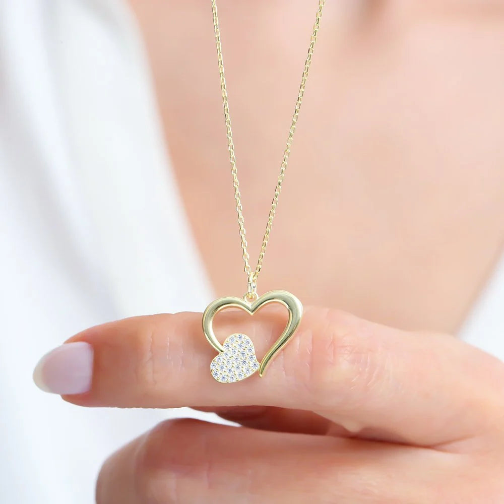 Glittering Meeting Heart Gold Colour Silver Necklace