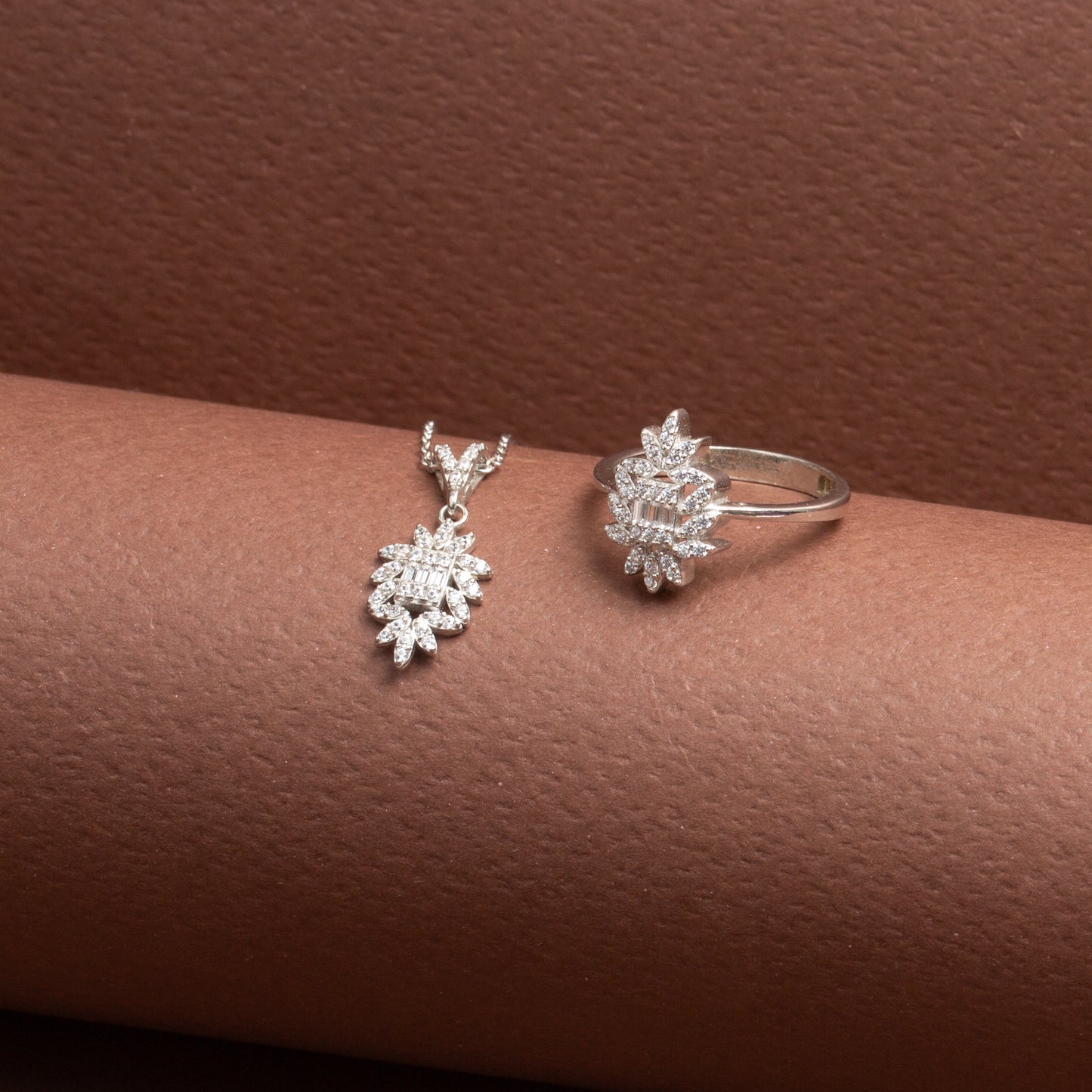 Elegance Baguette Silver Ring and Necklace
