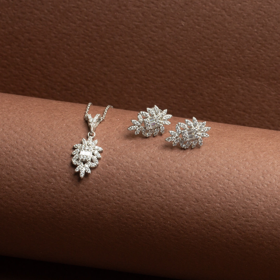 Elegance Baguette Silver Earrings and Necklace