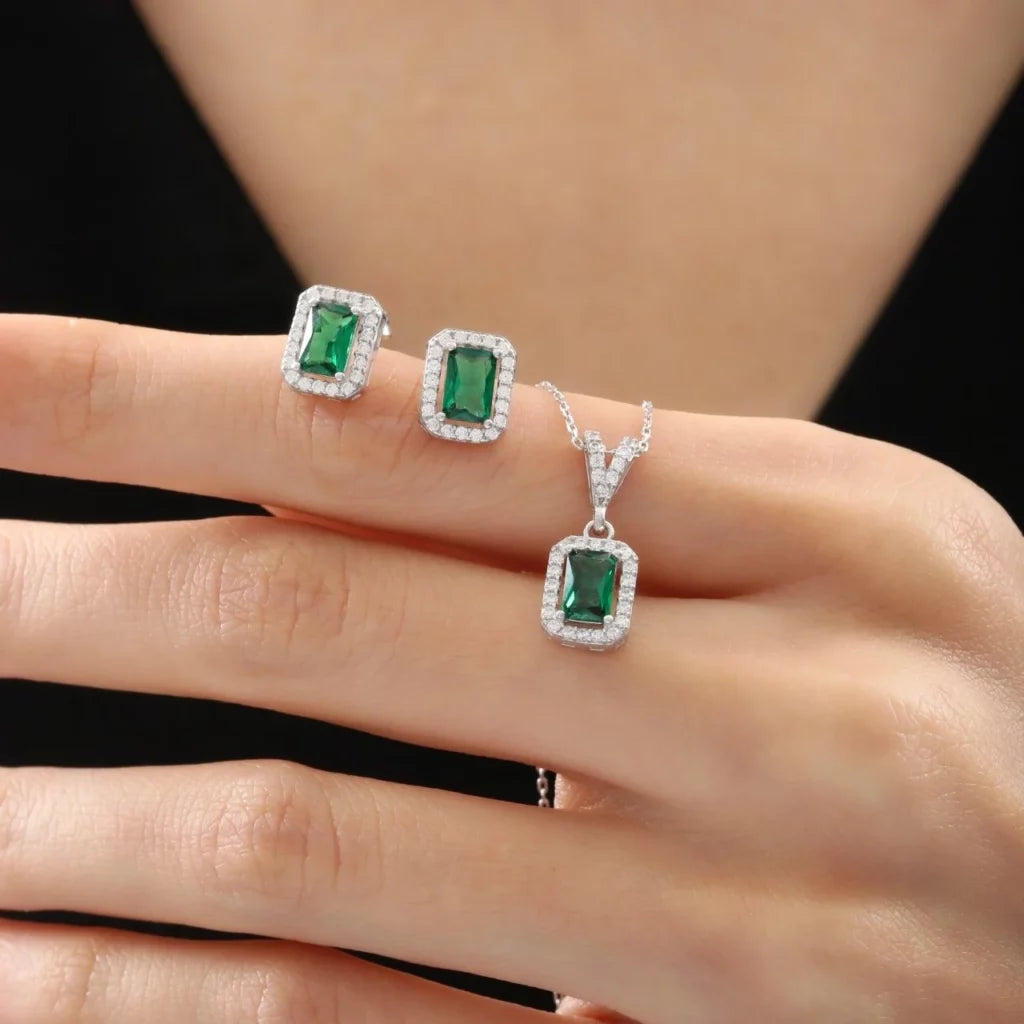 CZ Diamond Mounting Simple Beauty Synthetic Emerald Simplicity Seal Silver Mini Set