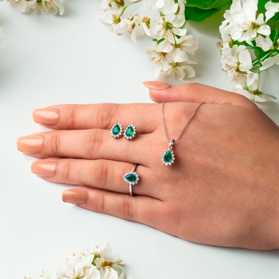 CZ Diamond Mounting Synthetic Drop Emerald Stud Triple Silver Set
