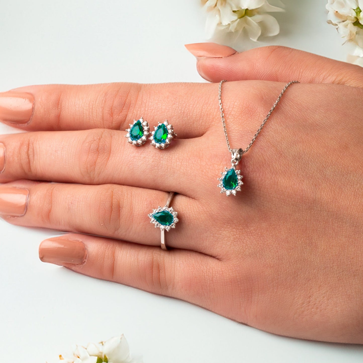 CZ Diamond Mounting Synthetic Drop Emerald Stud Triple Silver Set