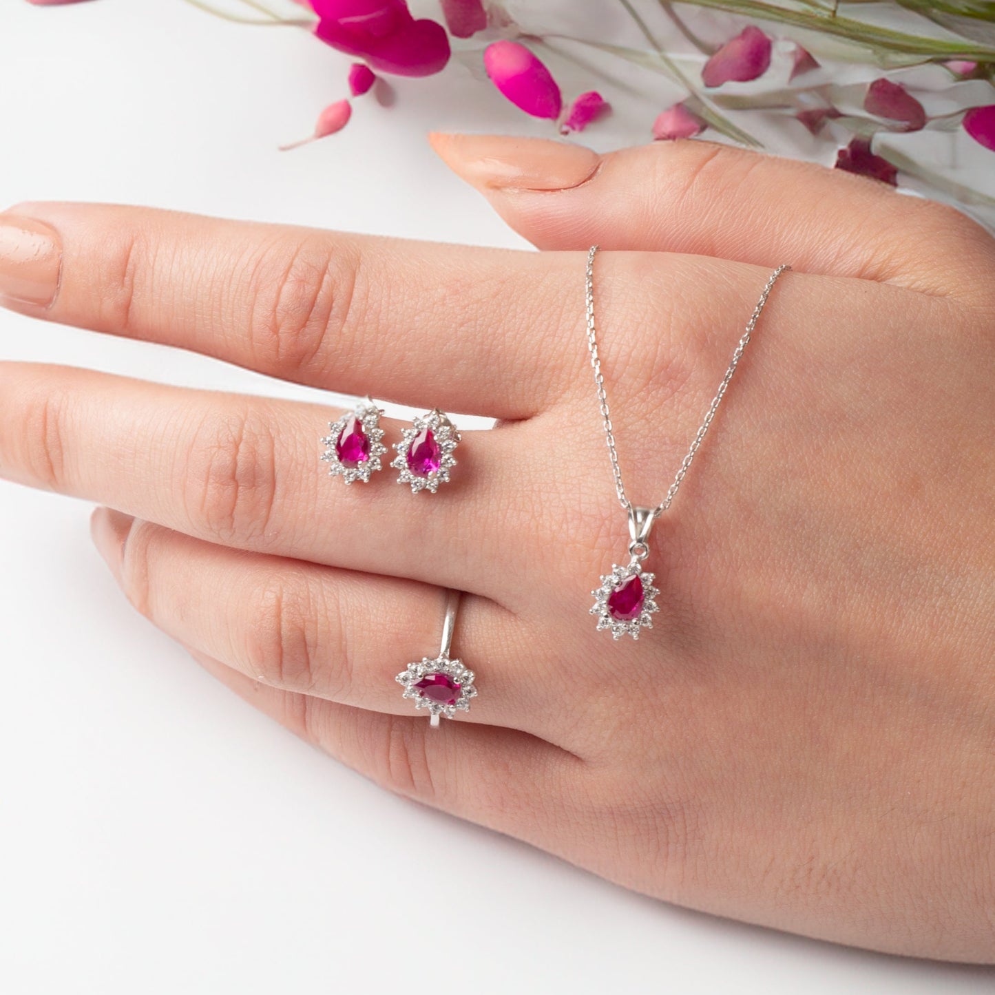 CZ Diamond Mounting Synthetic Drop Ruby Stud Triple Silver Set