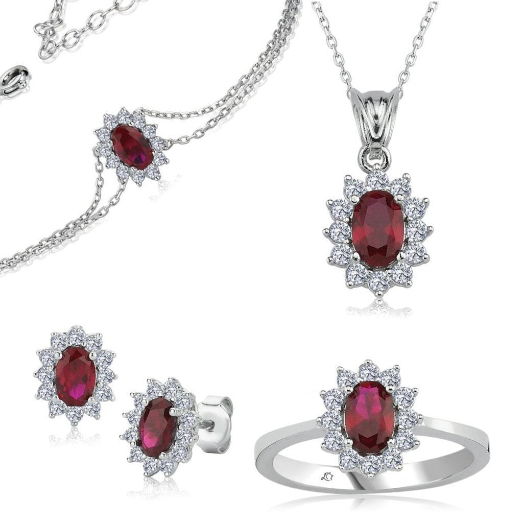 CZ Diamond Mounting Synthetic Oval Ruby Stud Set of Four Silver