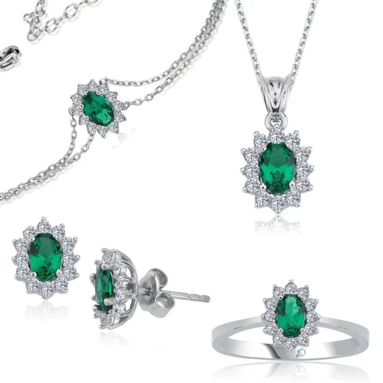 CZ Diamond Mounting Synthetic Oval Emerald Stud Set of Four Silver