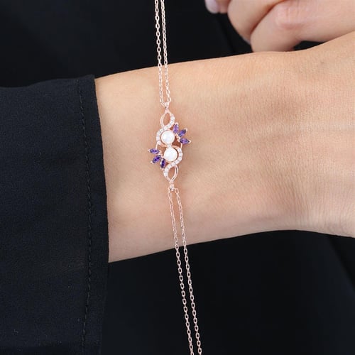 Amethyst Stone Noble Pearls Rose Color Flowers Silver Bracelet