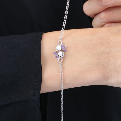 Amethyst Stone Noble Pearls Flowers Silver Bracelet
