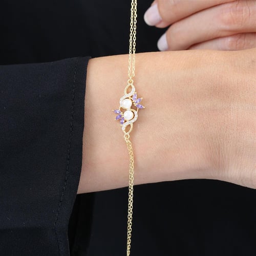 Amethyst Stone Noble Pearls Gold Color Flowers Silver Bracelet