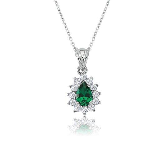 Synthetic Emerald Drop Silver Necklace