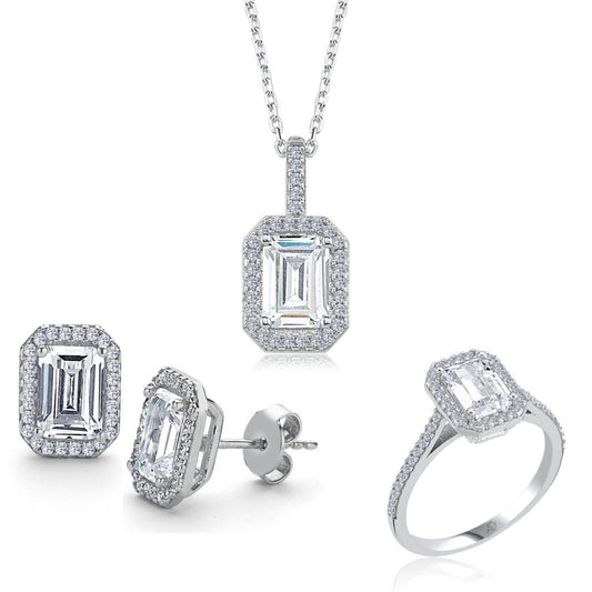CZ 1.00 Carat Emerald Solitaire Triple Silver Set