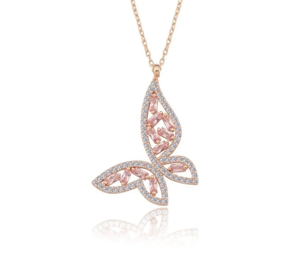 Butterfly Passion Silver Necklace with Pink Baguette Stone