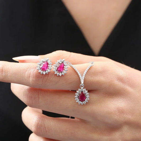 CZ Diamond Mounting Rain flake Synthetic Ruby Elegance Seal Silver Mini Set