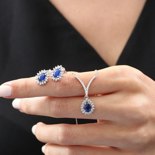 CZ Diamond Mounting Rain flake Synthetic Sapphire Elegance Seal Silver Mini Set