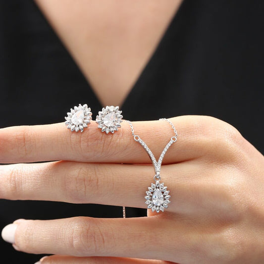CZ Diamond Mounting Rain flake Synthetic Crystal Elegance Seal Silver Mini Set