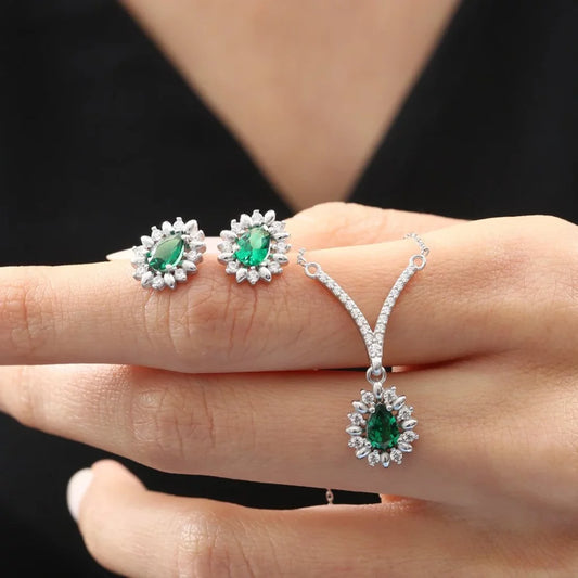 CZ Diamond Mounting Rain flake Synthetic Emerald Elegance Seal Silver Mini Set