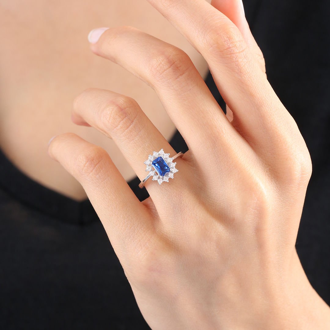 Elegance Sun Synthetic Sapphire Silver Ring