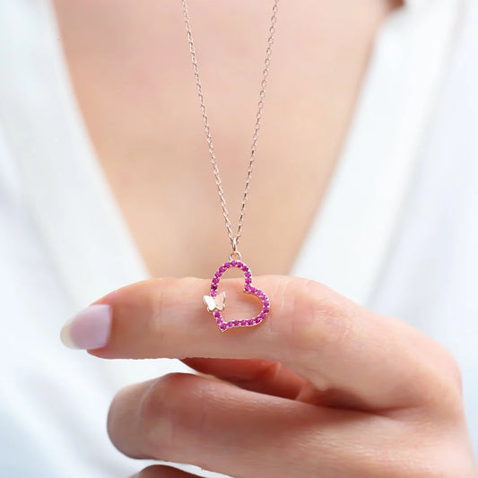 Fuchsia Stone Heart Butterfly Rose Gold Plated Silver Necklace