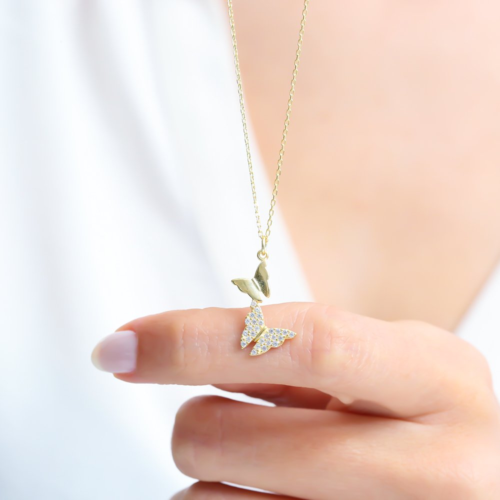 Glittering Butterfly Gold Plated Silver Necklace