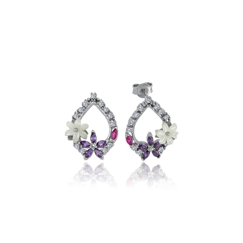 Magnolia Flower Amethyst Drop Silver Earrings
