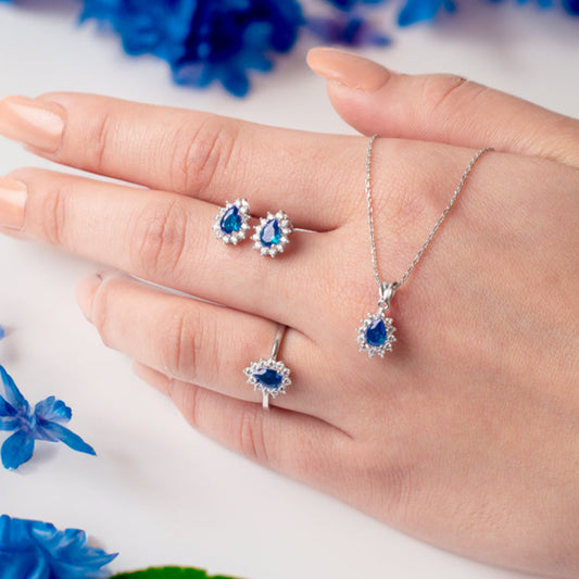 CZ Diamond Mounting Synthetic Drop Sapphire Stud Triple Silver Set