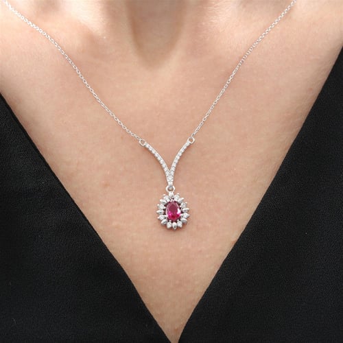 Rainflake Synthetic Ruby Seal of Elegance Silver Necklace